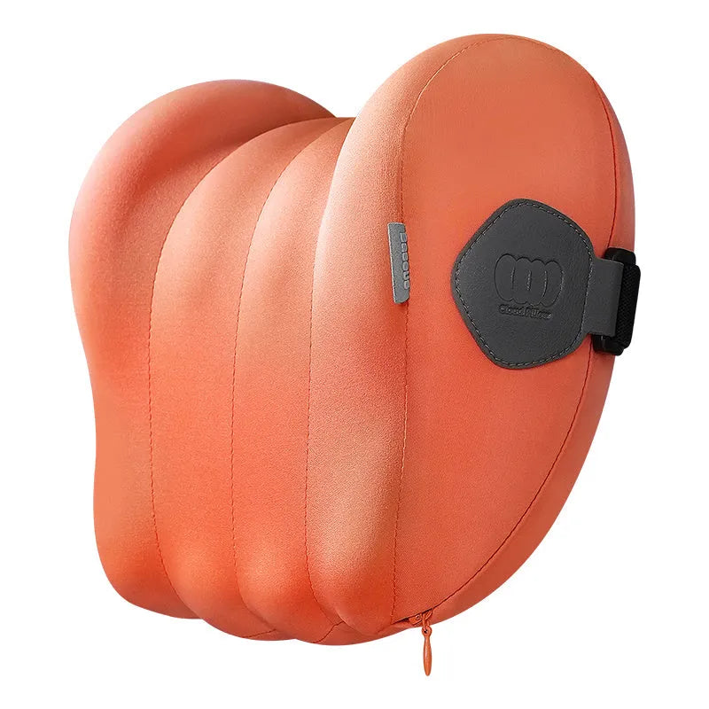 Grey and orange head restraint and waist pillow set for suspension bin car driver comfort