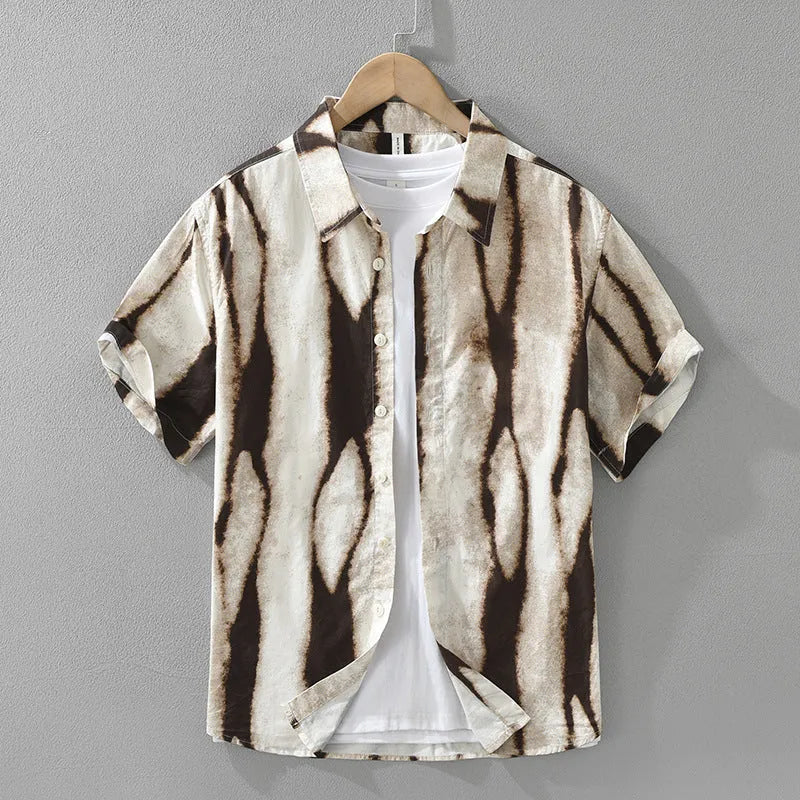 Men's black and brown striped retro short sleeve cotton shirt with loose cardigan fit