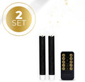 Four black LED taper candles with realistic 3D flame effect, showing measurements of 2.2cm diameter by 18cm height