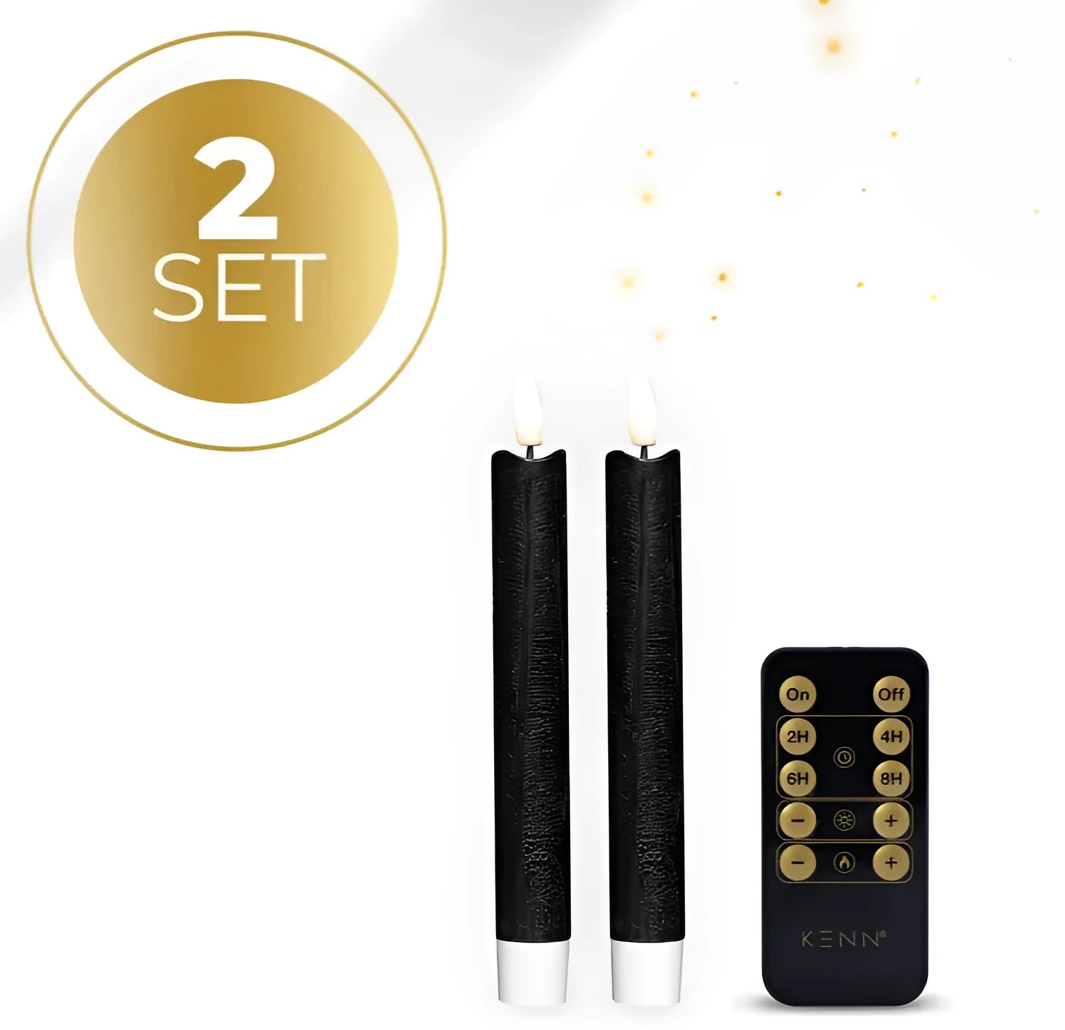 Four black LED taper candles with realistic 3D flame effect, showing measurements of 2.2cm diameter by 18cm height