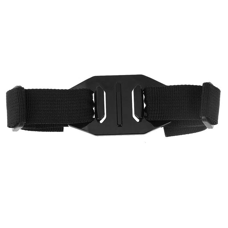 Black nylon bicycle helmet strap with fixed mount for DJI Osmo Action and GoPro camera