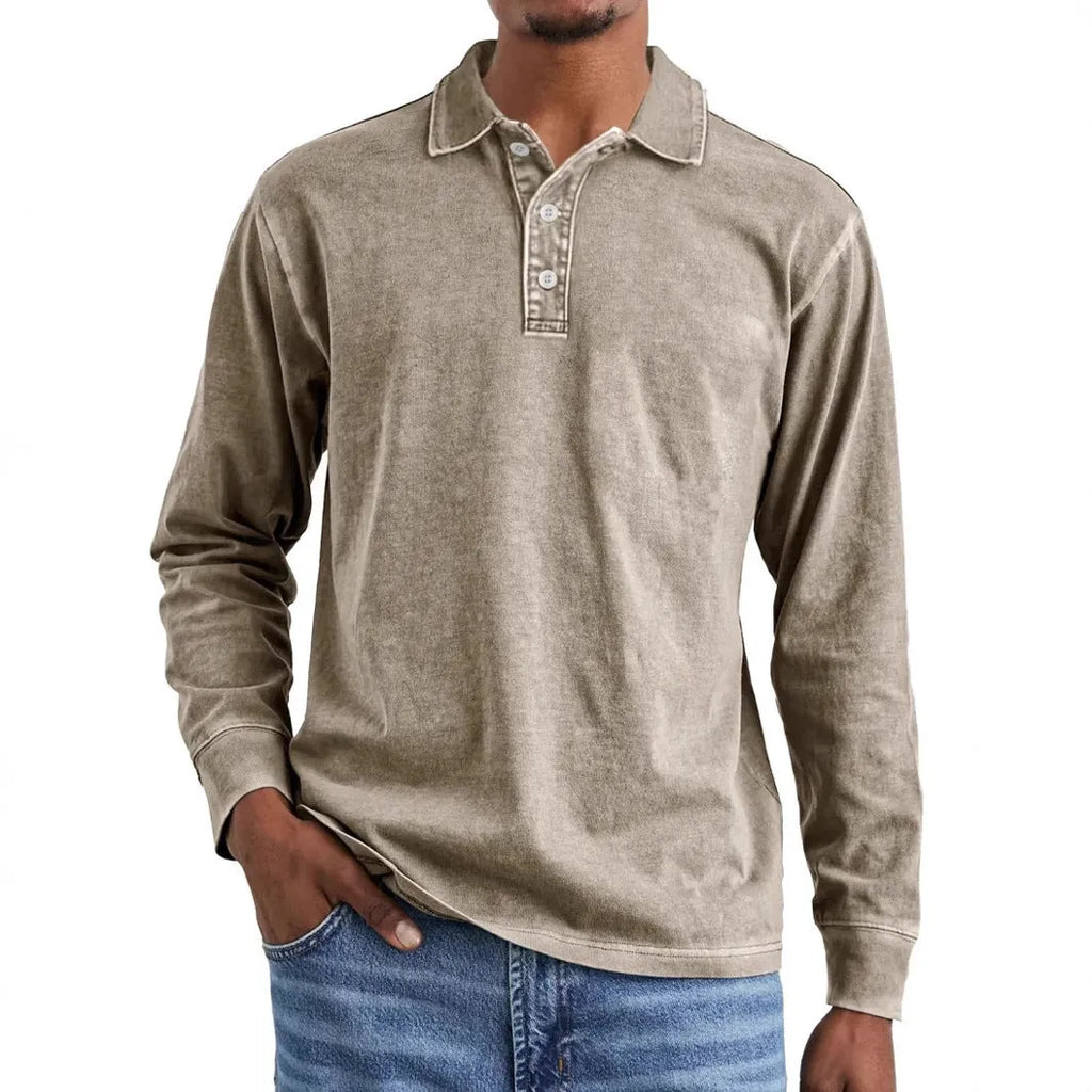 Men's retro washed distressed cotton lapel collar long sleeve polo shirt in army green