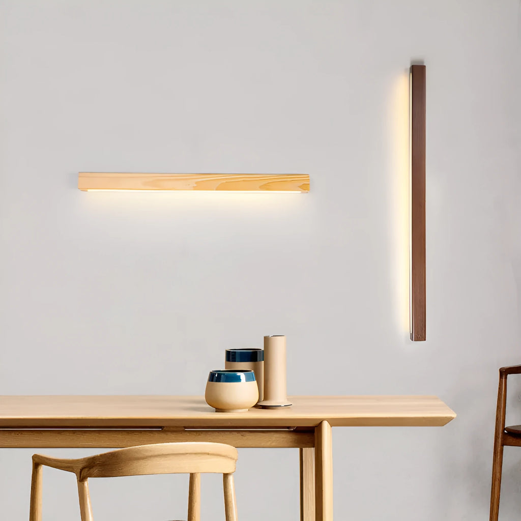 Walnut colour wood and acrylic log strip LED wall lamp in modern minimalist design