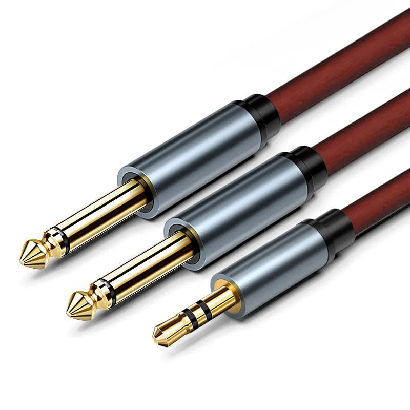 3.5mm to dual 6.5mm male audio cable in black with gold-plated connectors.
