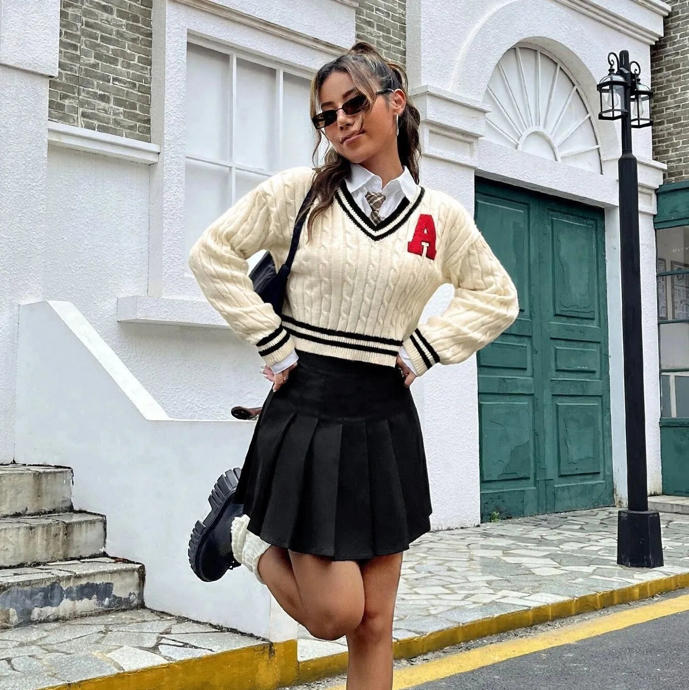 Women's V-neck slim striped knitted shirt with patch detail in creamy white, pullover style