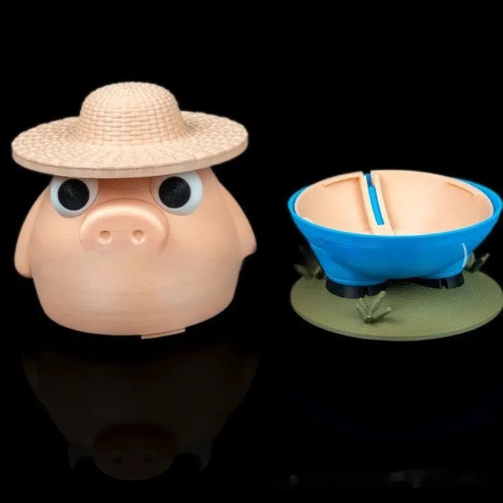 Creative farm animal coin bank in pink plastic, 17 cm wide, sculpture style for desk