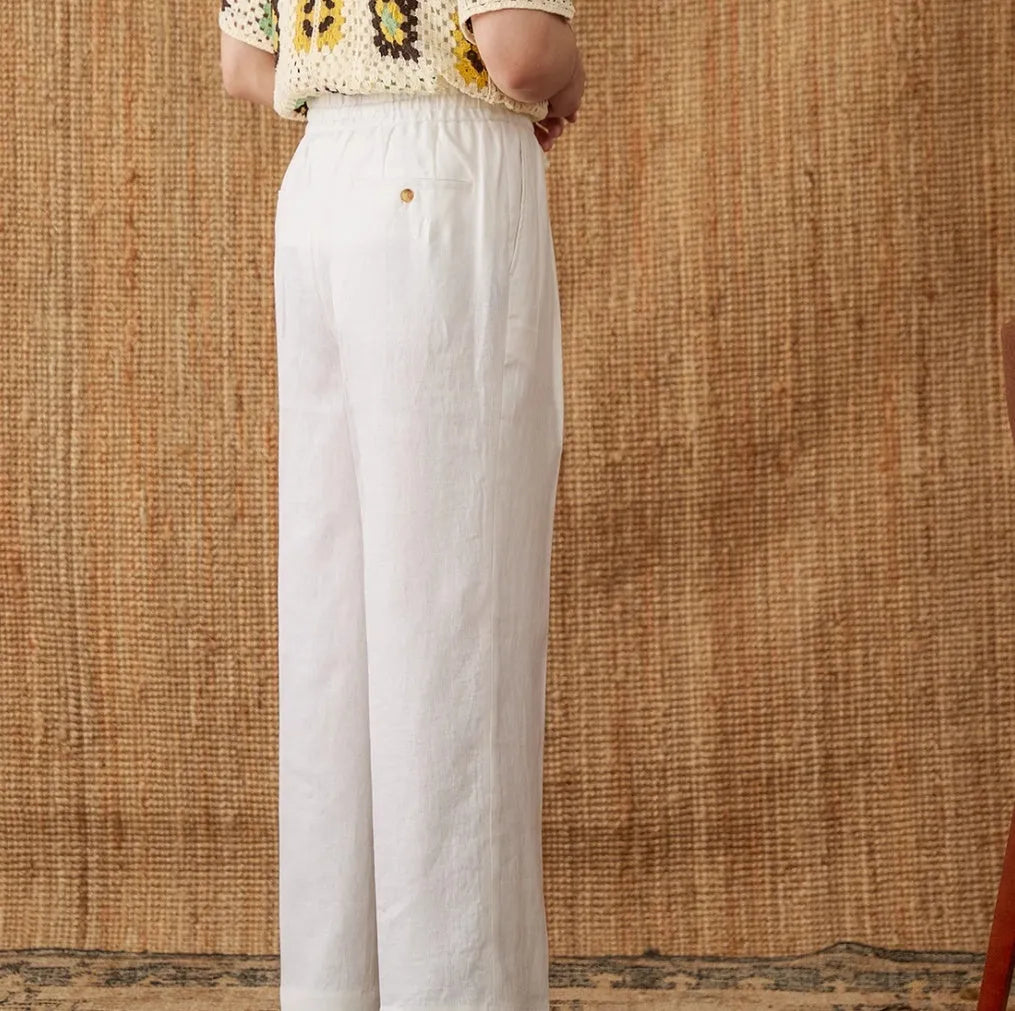 Linen straight-leg trousers with lace detail and an elasticated high waistband in greige.