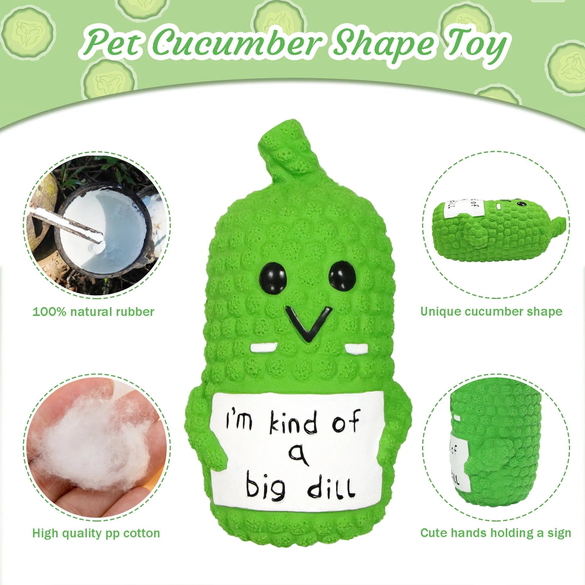 Green pickle-shaped squeaky dog chew toy with textured nubs for dental cleaning