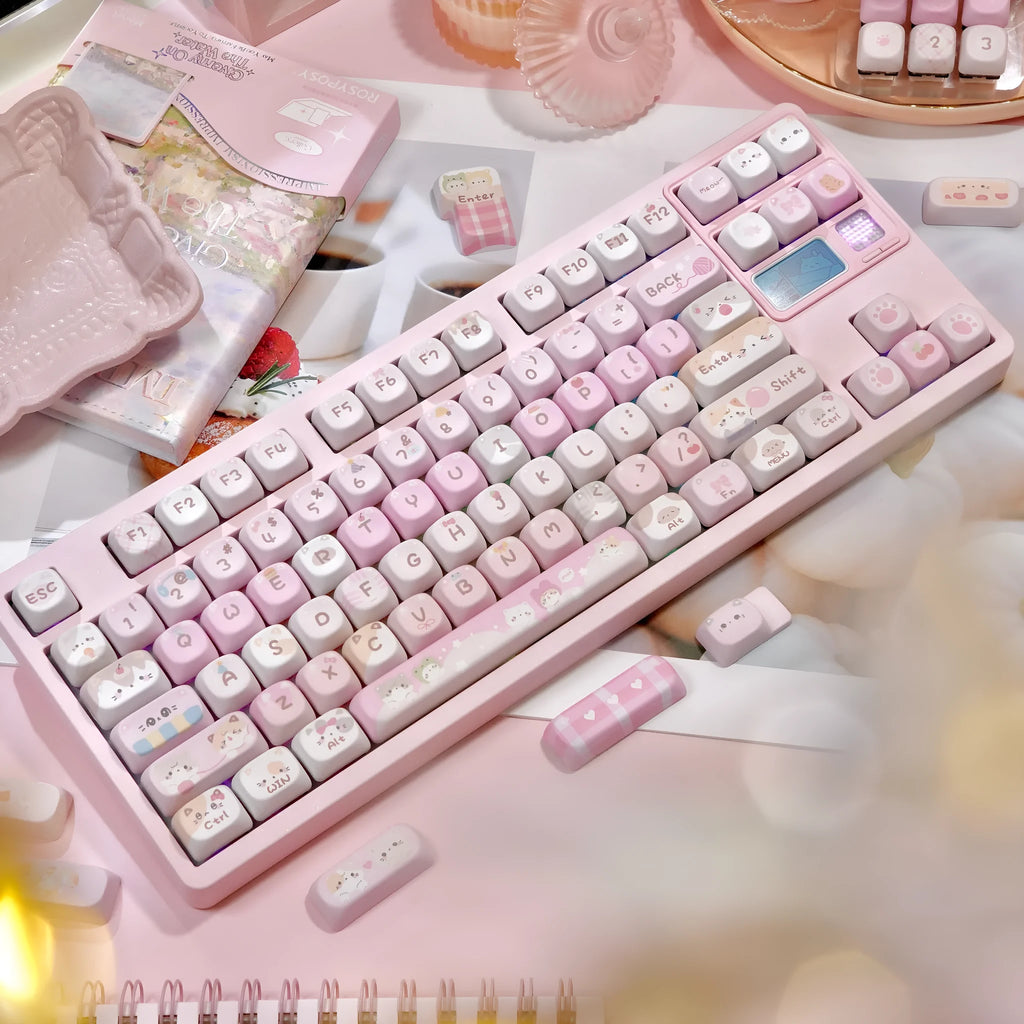 Pink MOA height key caps with cartoon artwork printed on all five sides for mechanical keyboard customisation