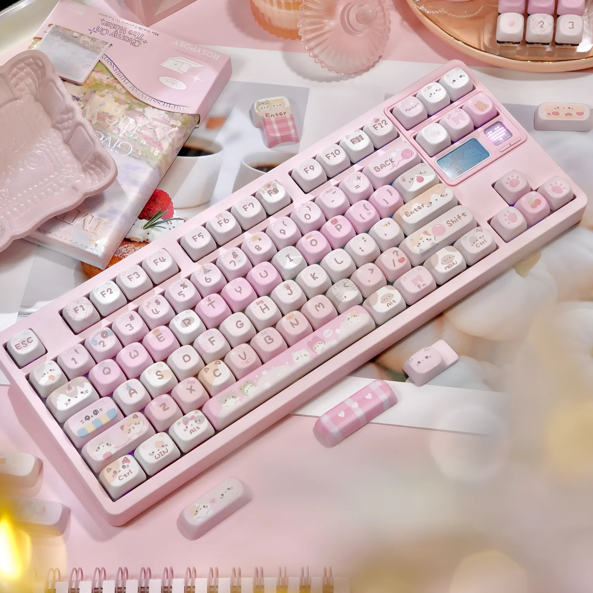 Pink MOA height key caps with cartoon artwork printed on all five sides for mechanical keyboard customisation