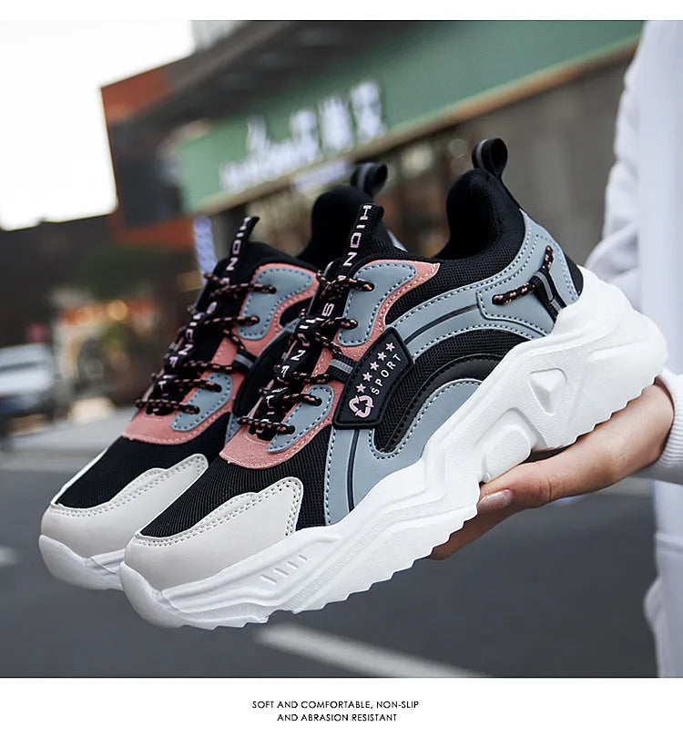 Women's white and moonlight thick-soled casual sports shoes with mesh uppers and round toe