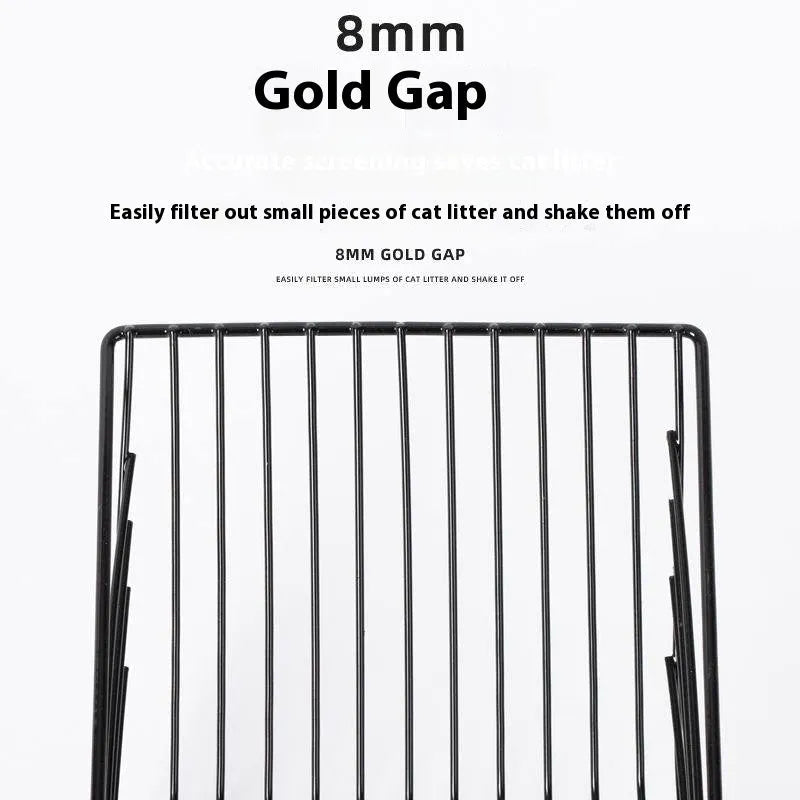Black alloy cat litter scoop with 0.8cm gaps between tines for waste sifting