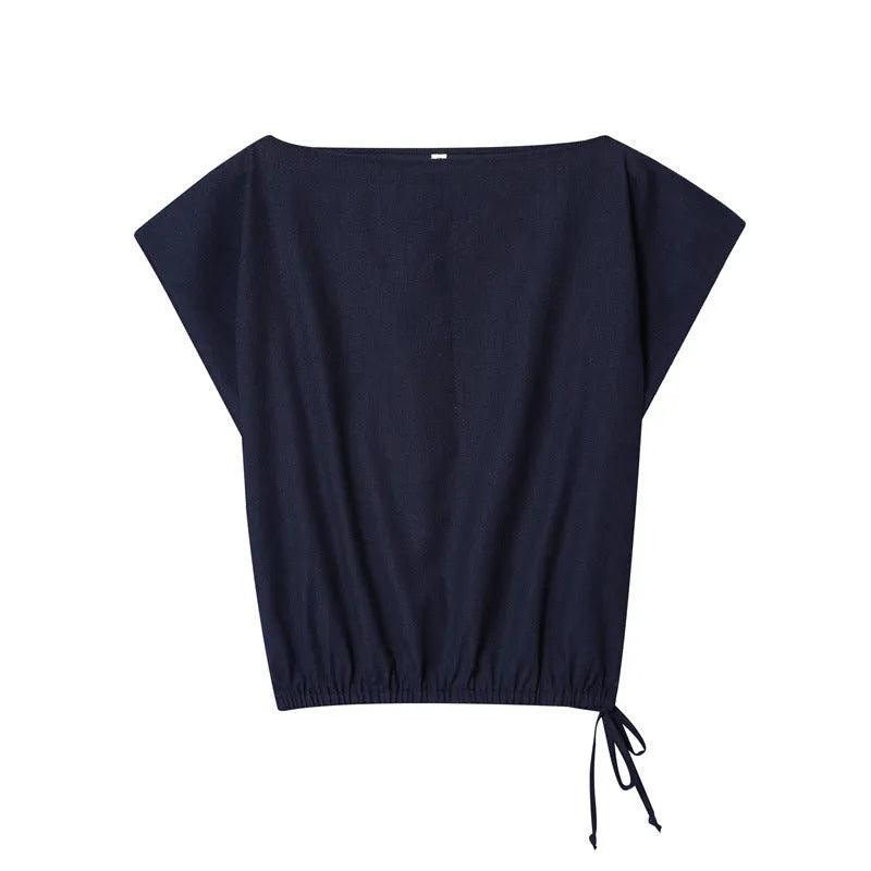 Women's linen-style shirt and wide leg trousers set with flounced sleeves