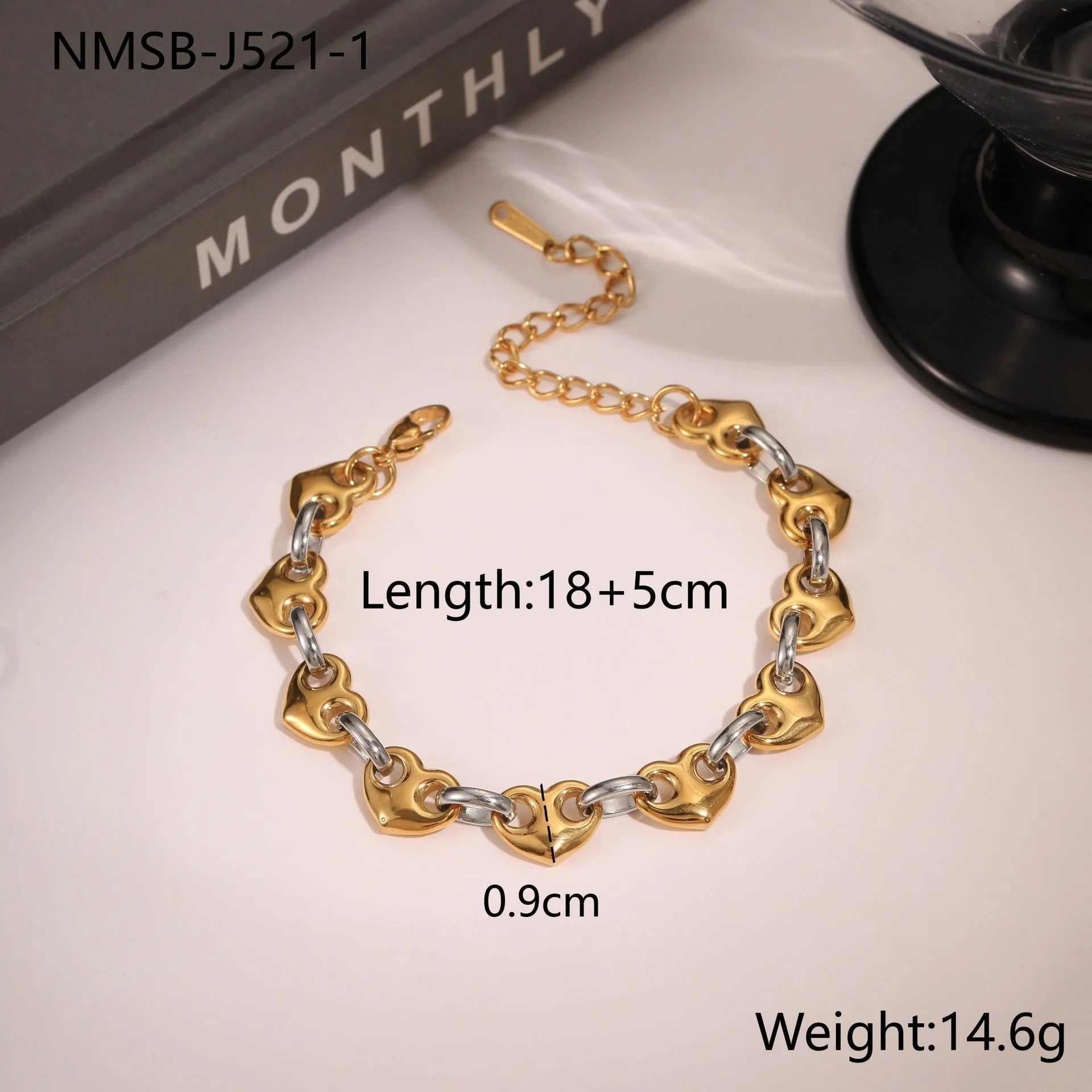 Stainless steel hollowed-out heart bracelet with electroplated finish in gold, steel or colour block options.
