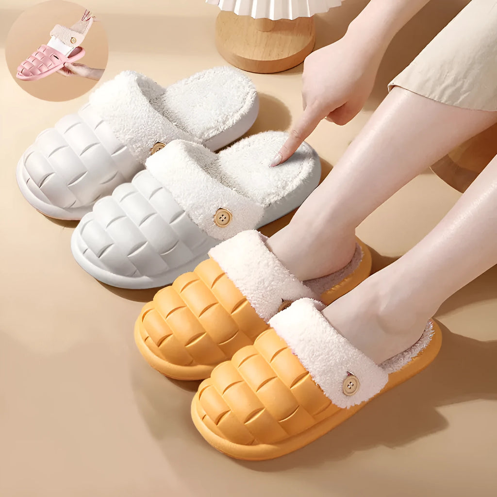 Pink detachable EVA slippers with plush lining and a flat, round-toe design for women.