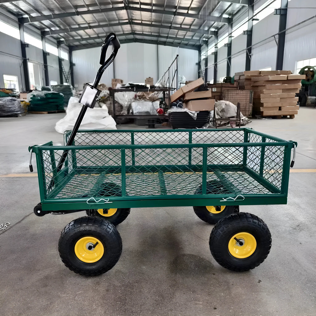 Green four-wheel hand push net cart with iron frame and rubber wheels on outdoor ground