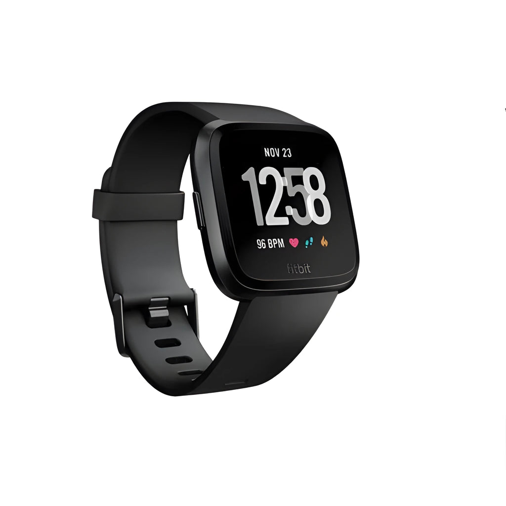 Black smart watch with silicone strap showing a heart rate reading on its 1.4 inch screen.