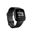 Black smart watch with silicone strap showing a heart rate reading on its 1.4 inch screen.