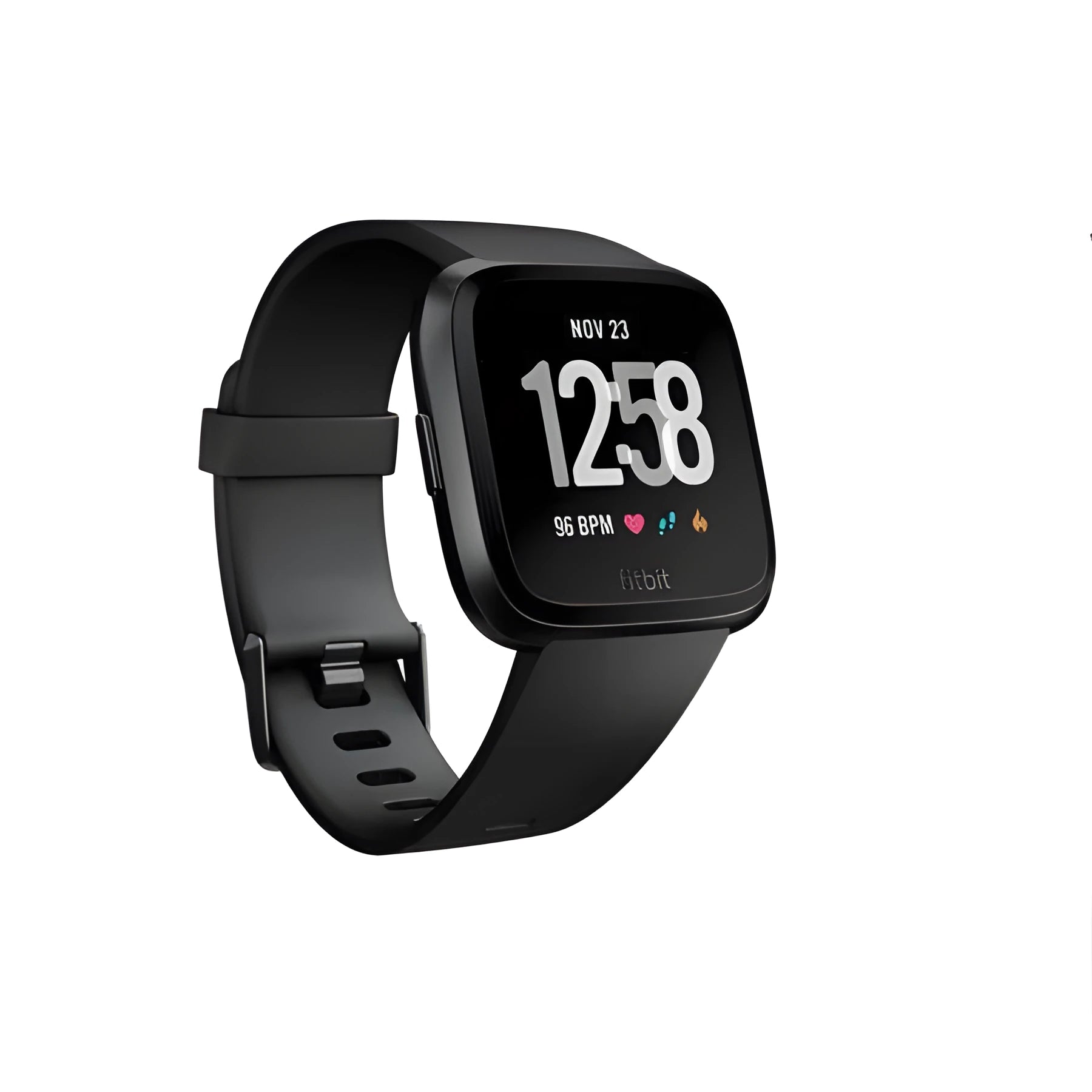 Black smart watch with silicone strap showing a heart rate reading on its 1.4 inch screen.
