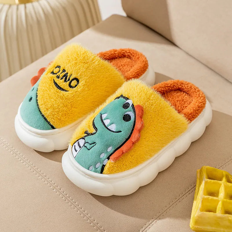 Cotton plush slippers in dinosaur colours for indoor couple wear