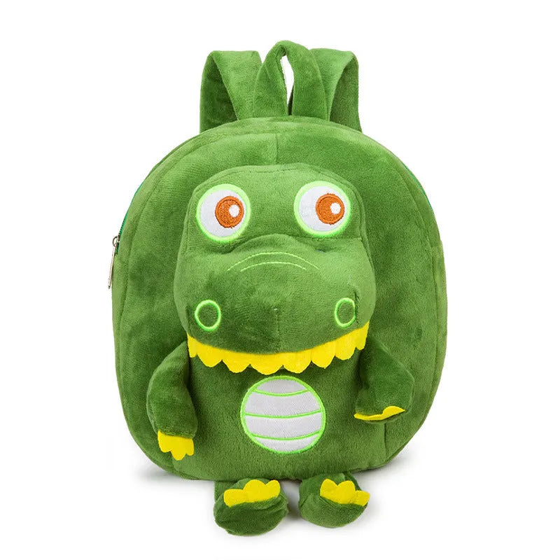 Soft blue dinosaur plush backpack for children with embroidered details and a soft handle.