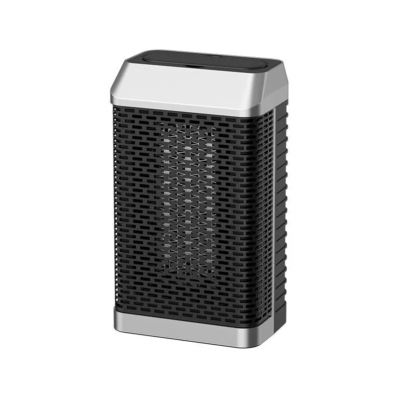 Black smart desktop heater with remote control on a wooden desk.