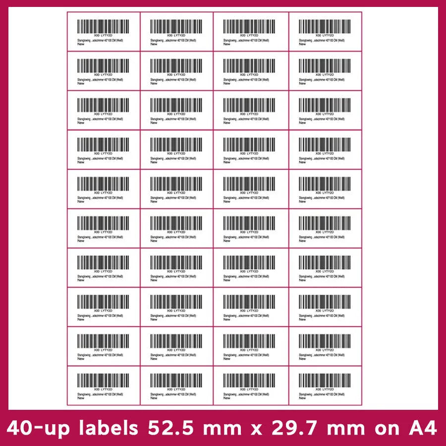 A4 FBA barcode label paper showing multiple grid format options for Amazon shipping and professional labelling