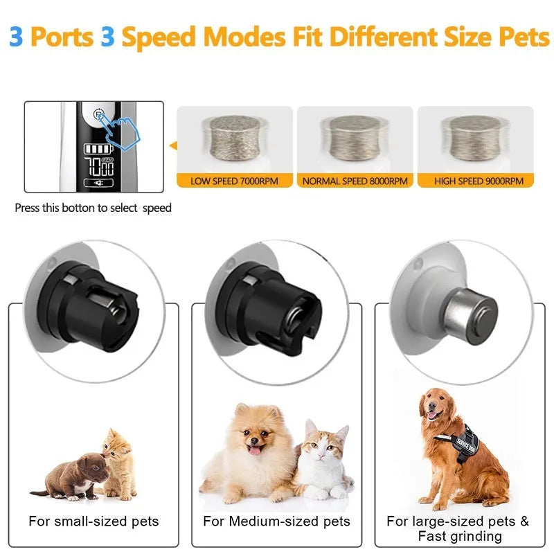 White and grey electric pet nail trimmer with LED display and dust collection port
