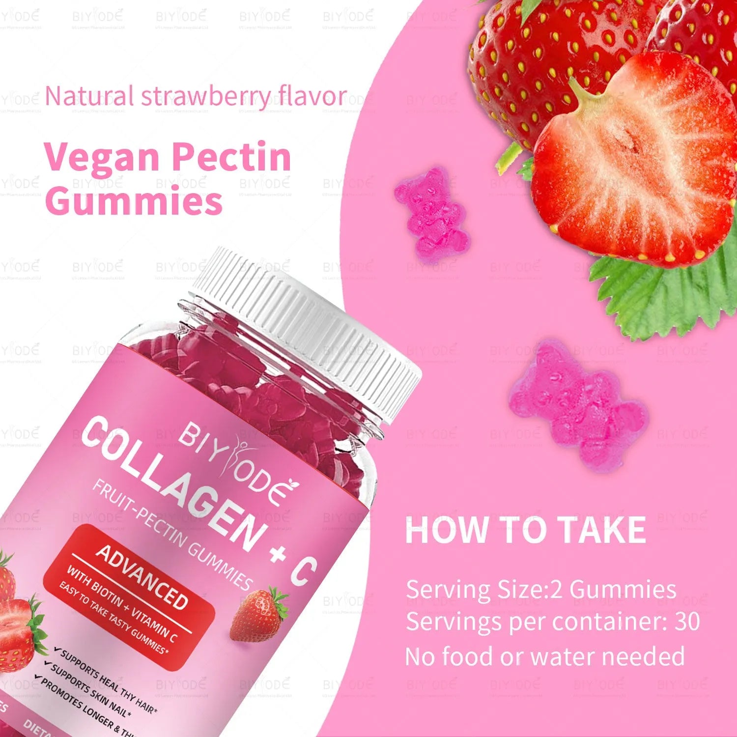 Collagen and vitamin C fruit pectin gummies in a bottle, 60 count, for skin hair nails health and whitening support
