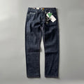 Men's primary blue straight-leg cotton denim trousers on a neutral background, showing mid-waist fit and trouser length.