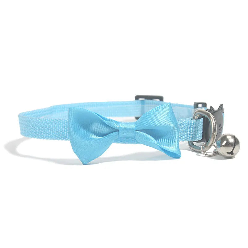 Adjustable nylon cat bow collar with bell in striped pattern, multiple colour options