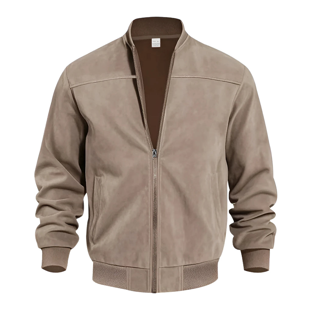Men's plus-size casual jacket in suede fabric with a front zip, shown in Army Green colour.