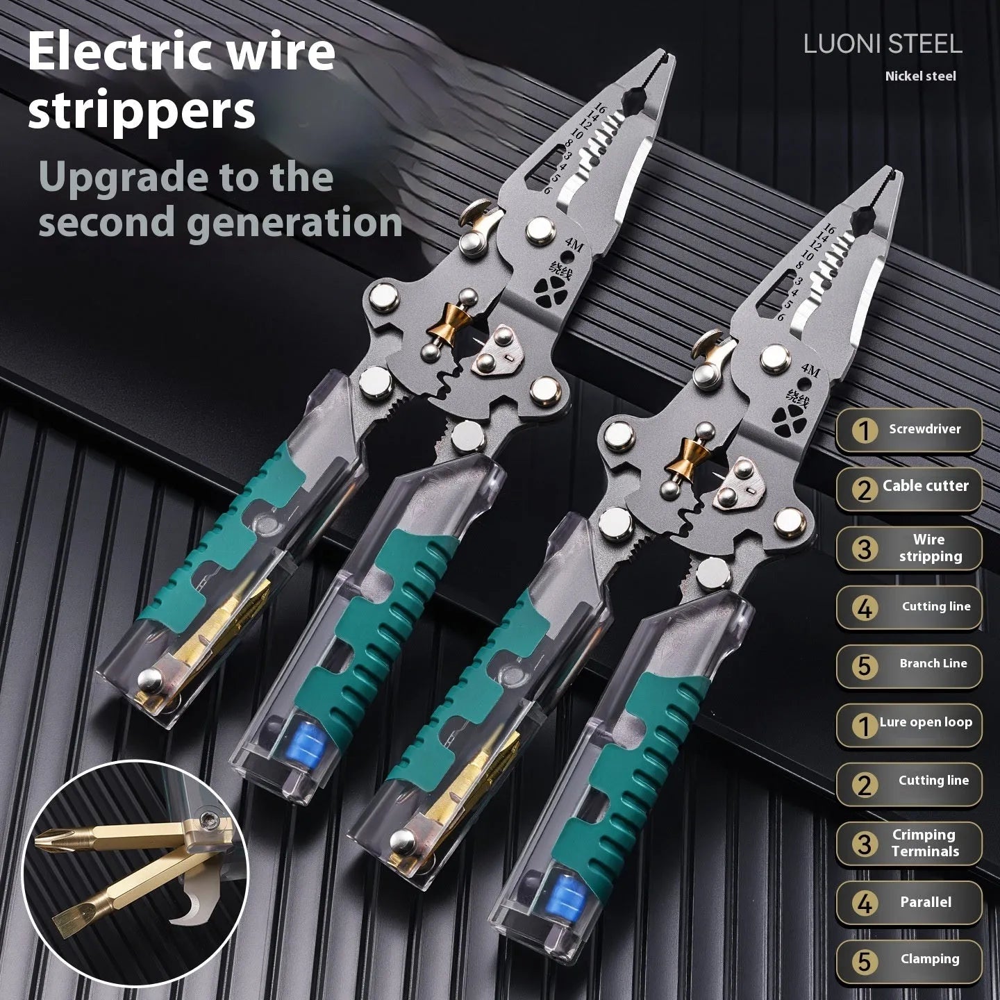 Electrician's pointed wire stripping pliers with rust prevention features showing two size options