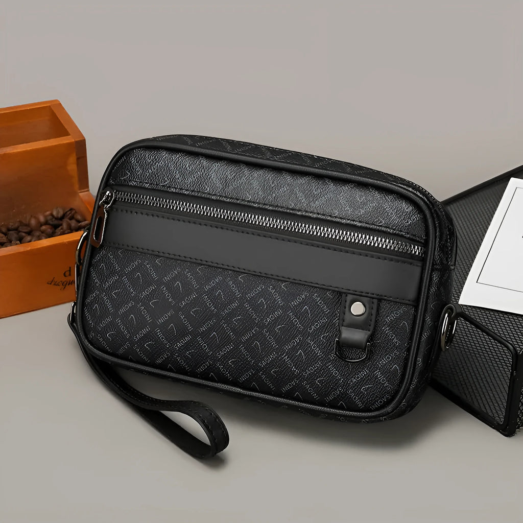 Men's geometric pattern PU leather shoulder messenger bag in horizontal design with handheld option