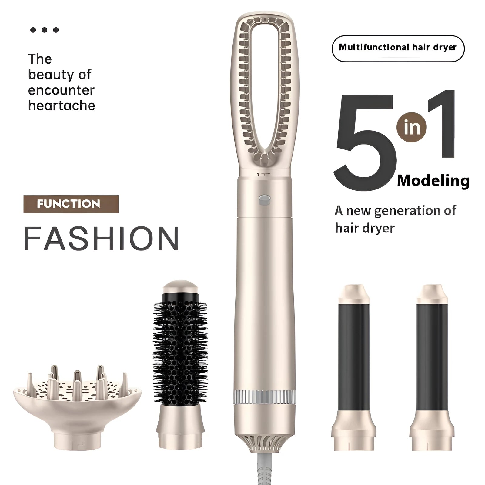 Champagne gold five-in-one hot air comb hair curler and straightener with comb styling attachments