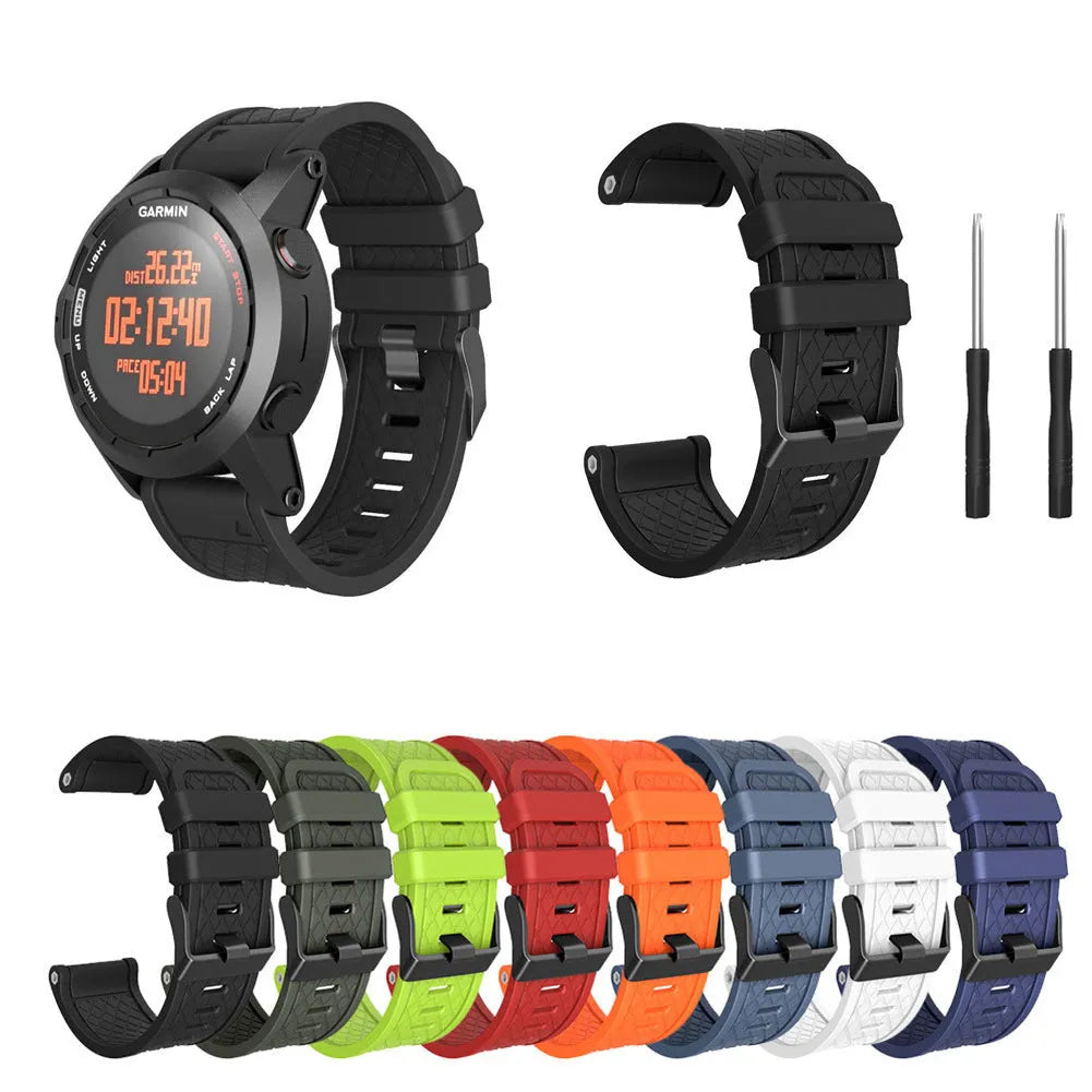 Jiaming compatible 26mm silicone sports watch strap shown in multiple colour options