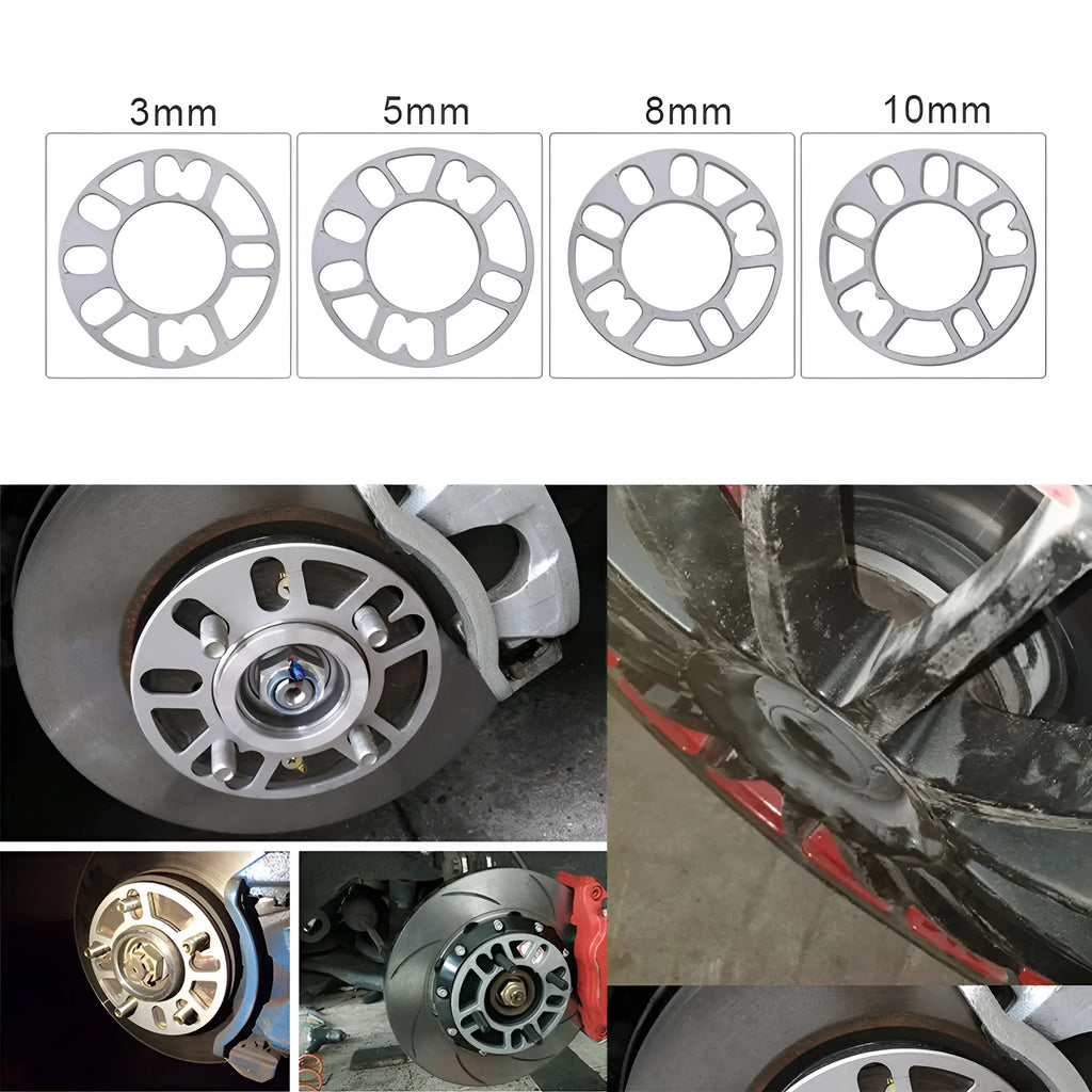 A metallic wheel hub widening gasket or spacer in various thicknesses for automotive modification.