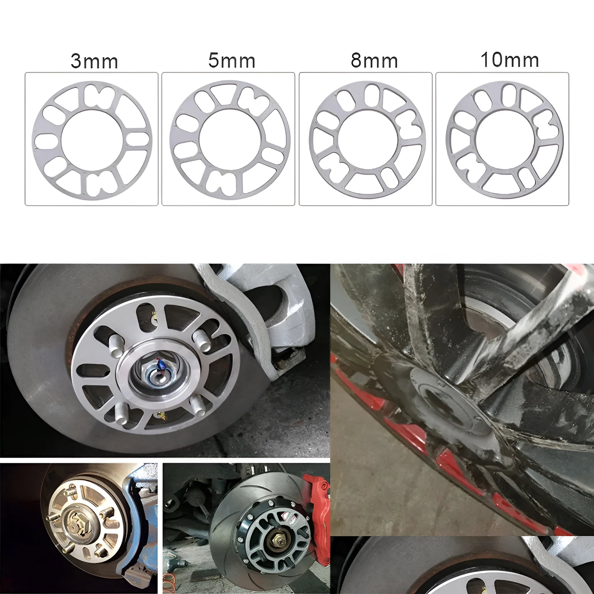 A metallic wheel hub widening gasket or spacer in various thicknesses for automotive modification.