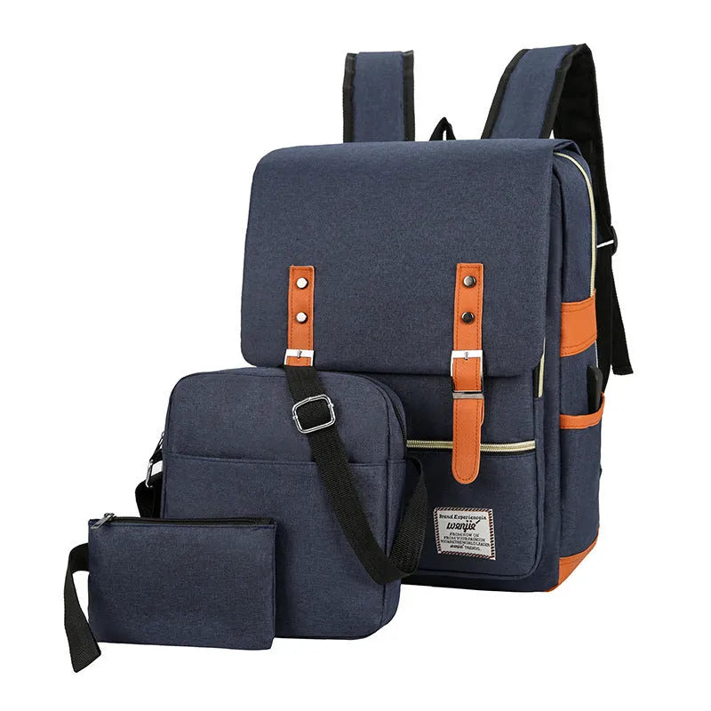 Three-piece business travel backpack in Oxford cloth with curved shoulder straps and multiple compartments
