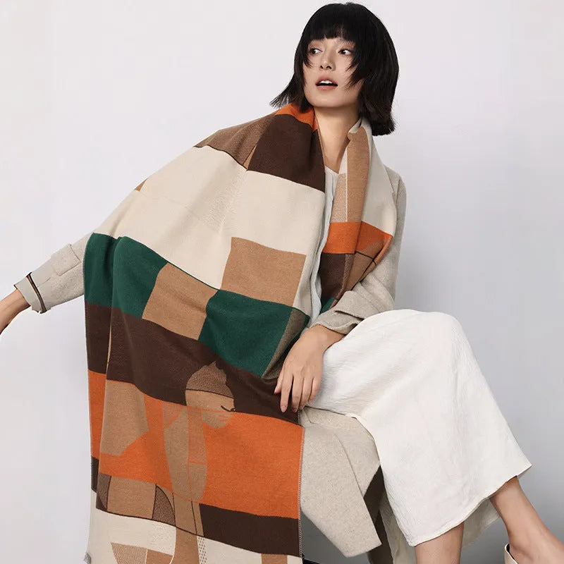 Long beige imitation cashmere scarf draped to show its 185cm length and European chic style.
