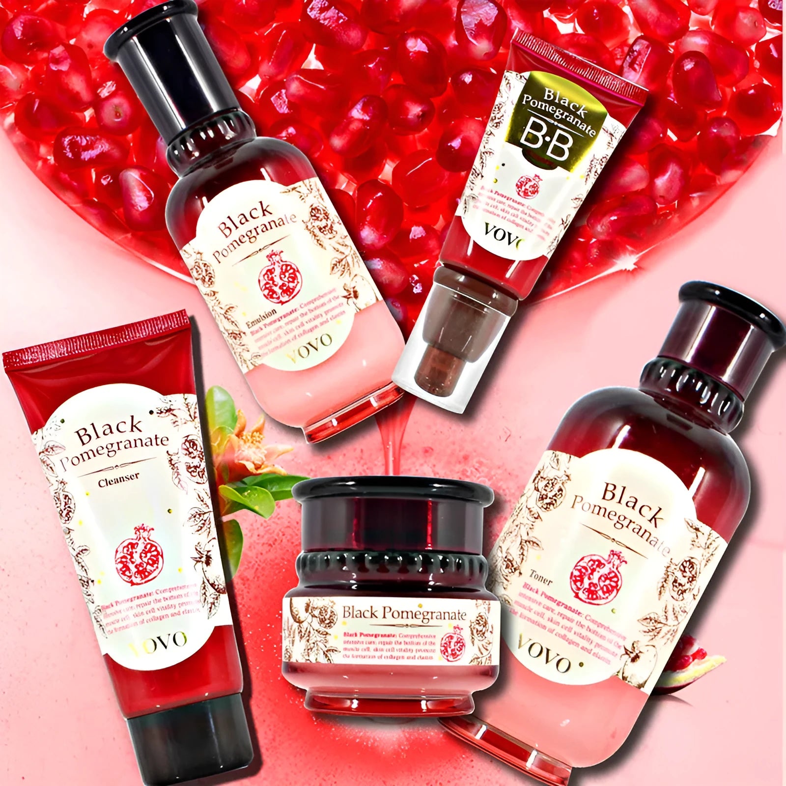 Pomegranate skincare set showing six products: cleanser, cream, essence, eye cream, milk and water