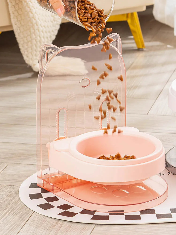 Grey cat ear pet feeding bowl in adjustable hanging cage with anti-spill design