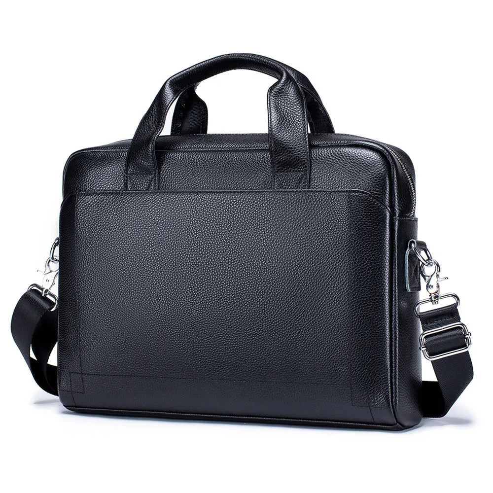 Men's 15-inch genuine cowhide portfolio bag in black, simple style, waterproof leather laptop briefcase