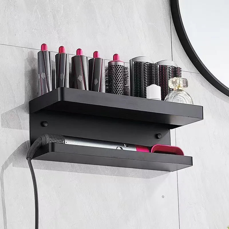 White double-layer aluminium bathroom storage rack holding hair curlers with punch-free mounting