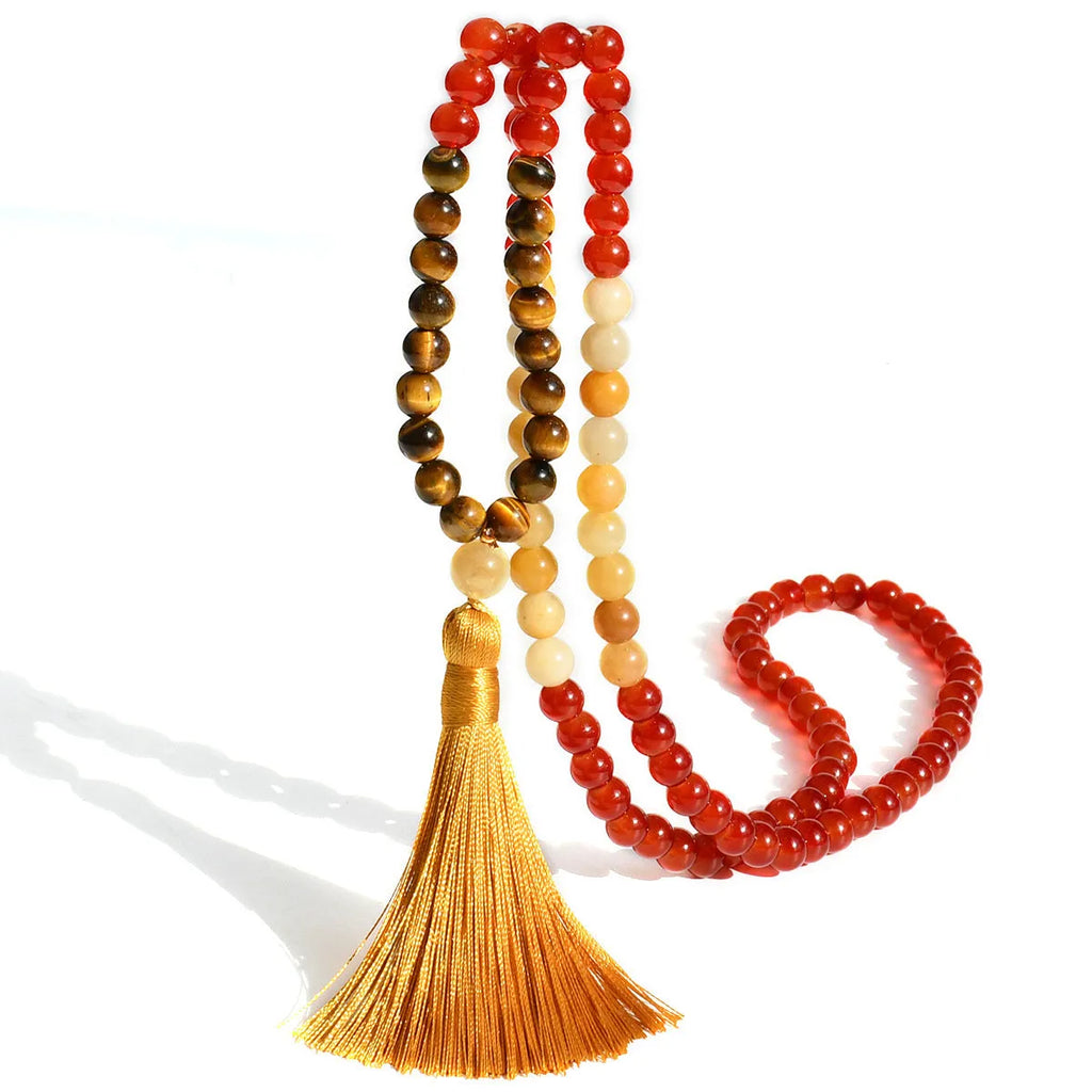 Handmade natural stone bead necklace with tassel pendant in bohemian style
