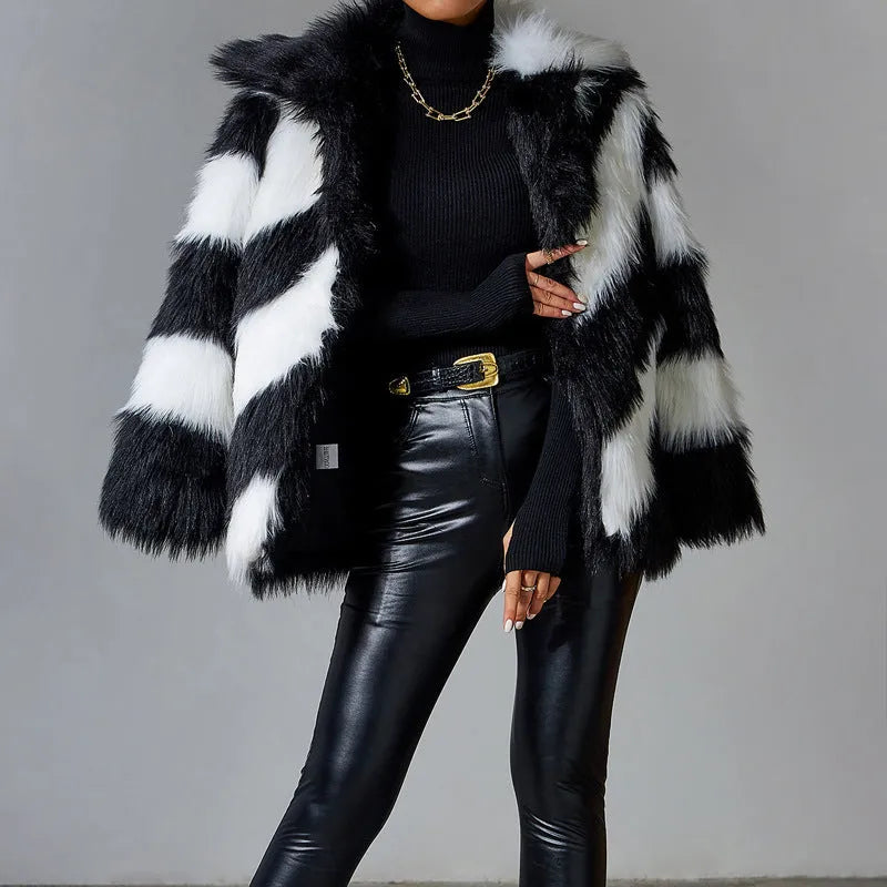 Women's faux fur coat with contrast colour lapels and removable fur collar in mid-length design