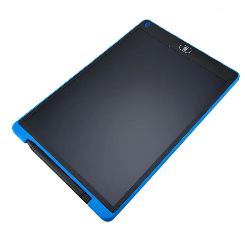 LCD electronic handwriting board for children in blue, with stylus pen, showing drawn shapes on screen.