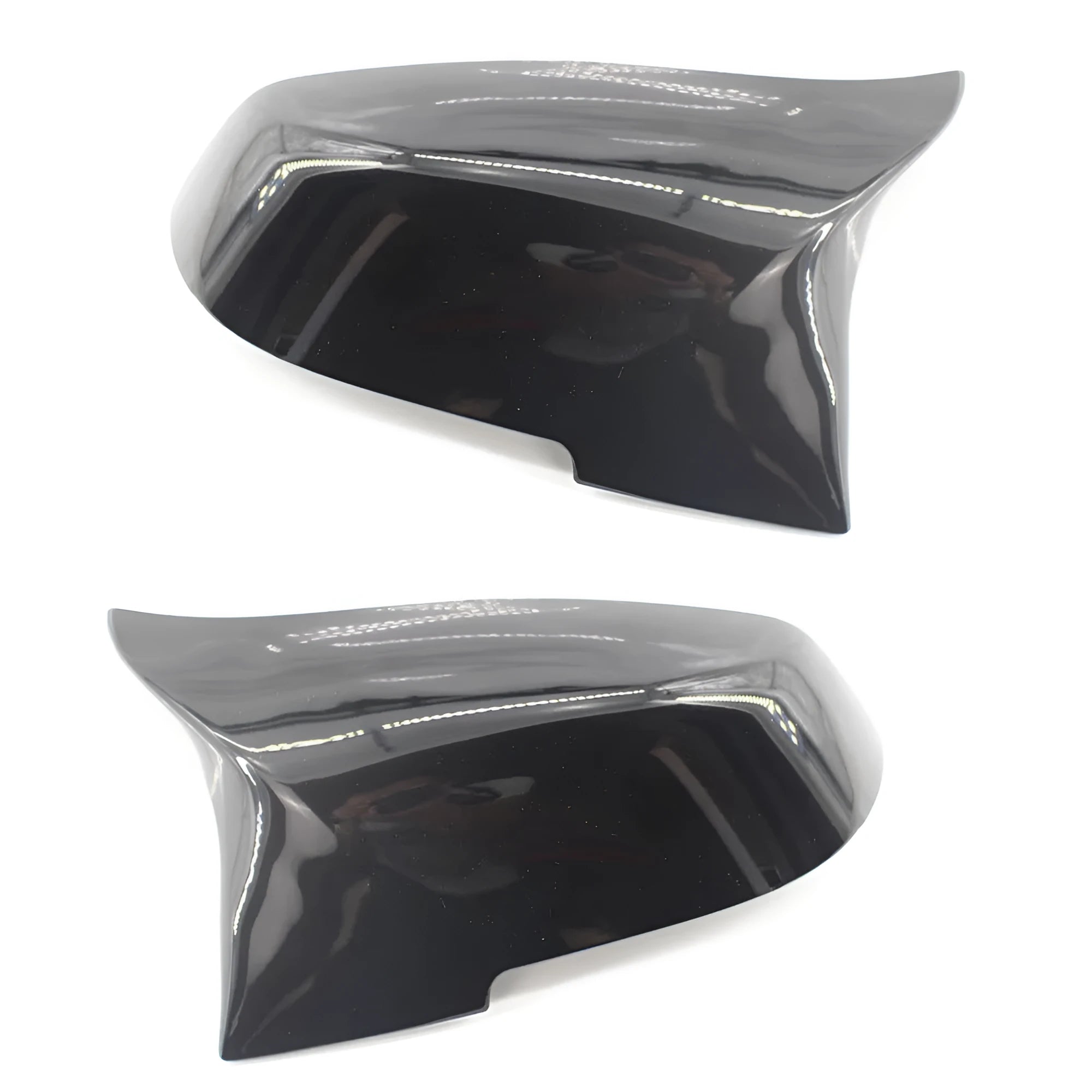Pair of dark bright black BMW horn-style rear-view mirror replacement shells.