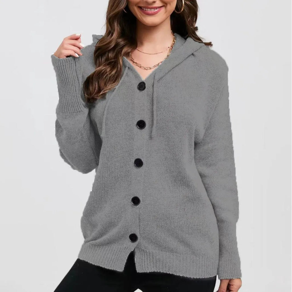 Women's solid colour hooded cardigan sweater in thick cotton with 3D pattern
