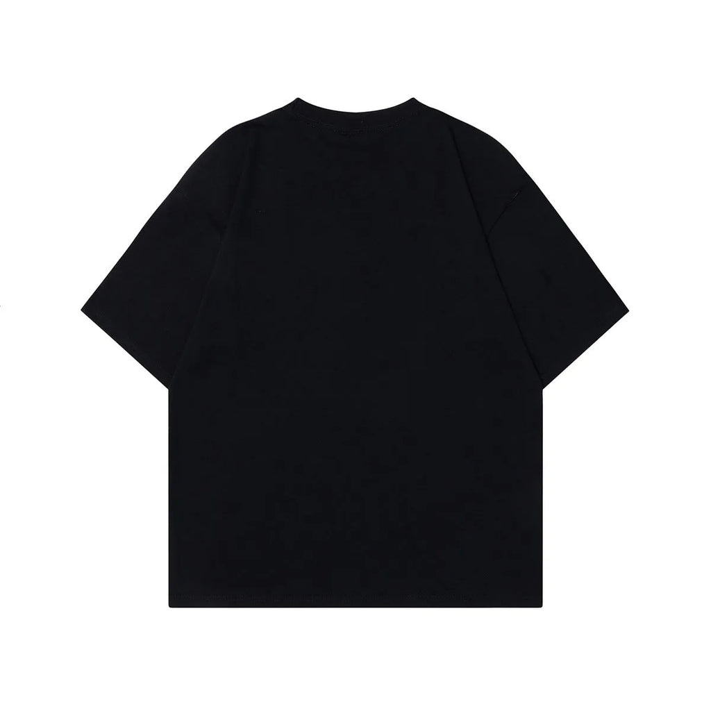 Men's black and grey retro character design short-sleeved cotton T-shirt shown in loose fit.